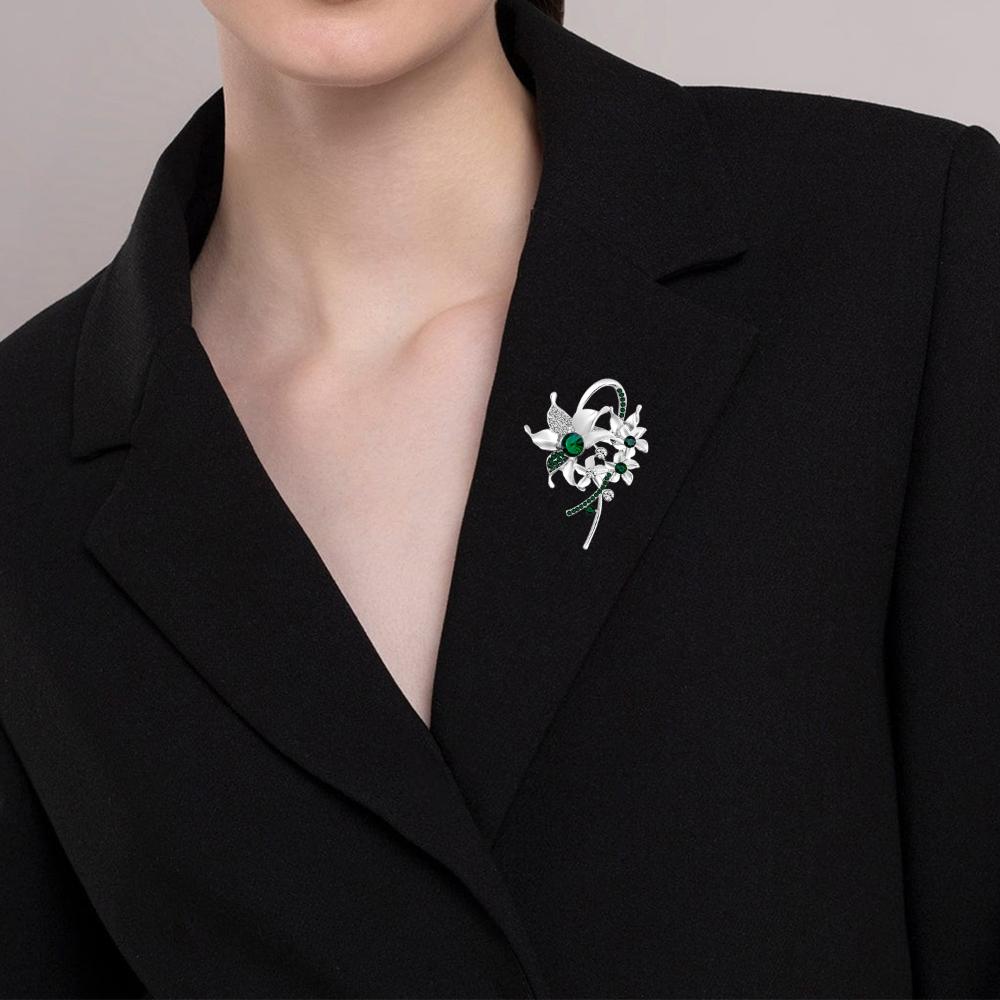 Mahi Rhodium Plated Green and White Crystals Cute Deer-Shaped Saree Pin / Wedding Brooch for Women (BP1101134RGre)