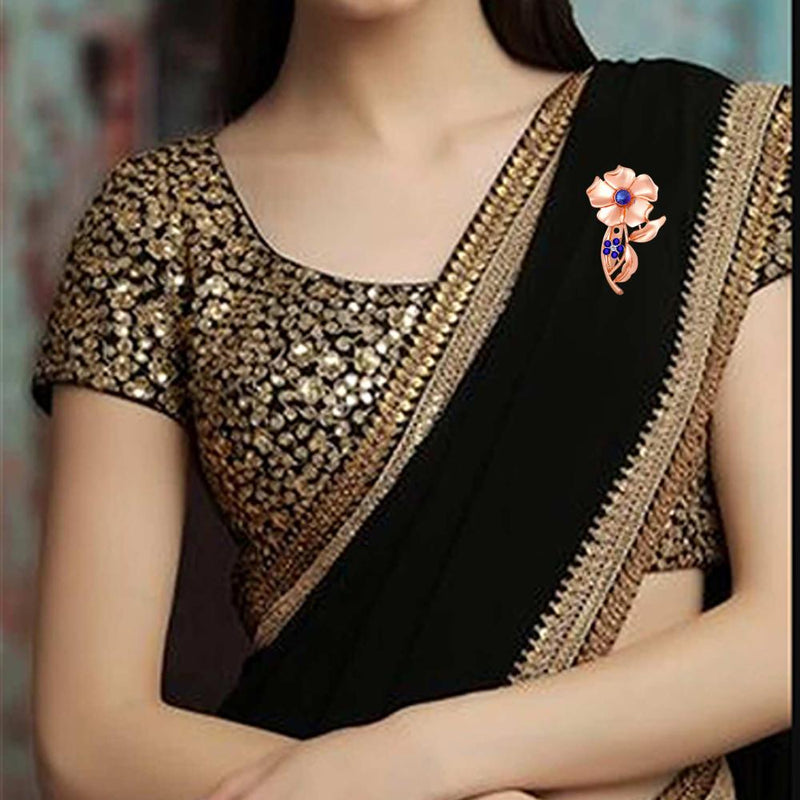 Mahi Rosegold Plated Dual Floral Shaped with Blue Crystals Saree Pin / Wedding Brooch for Women (BP1101144ZBlu)