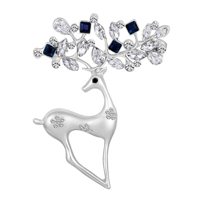 Mahi Rhodium Plated Montana Blue and White Crystals Cute Deer-Shaped Saree Pin / Wedding Brooch for Women (BP1101146RMBlu)