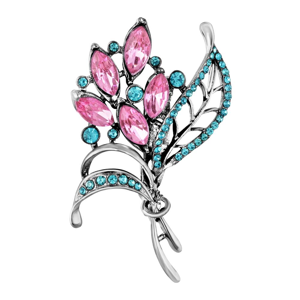 Mahi Blue and Pink Crystals Studded Bouquet Saree Pin Brooch for Women (BP1101174RBluPin)