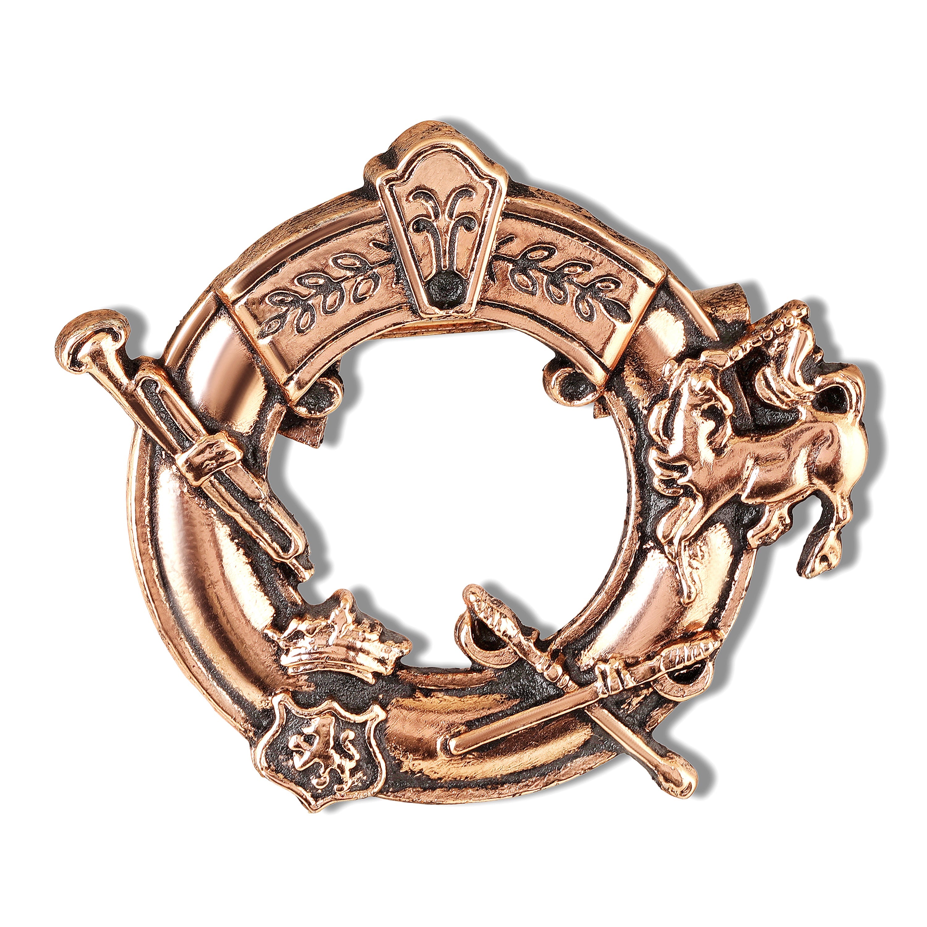 Mahi Regal Emblem Ring Brooch for Men in Rose Gold Finish with Horse & Sword Motif Sherwani / Suit Lapel Pin (BP1101251Z)