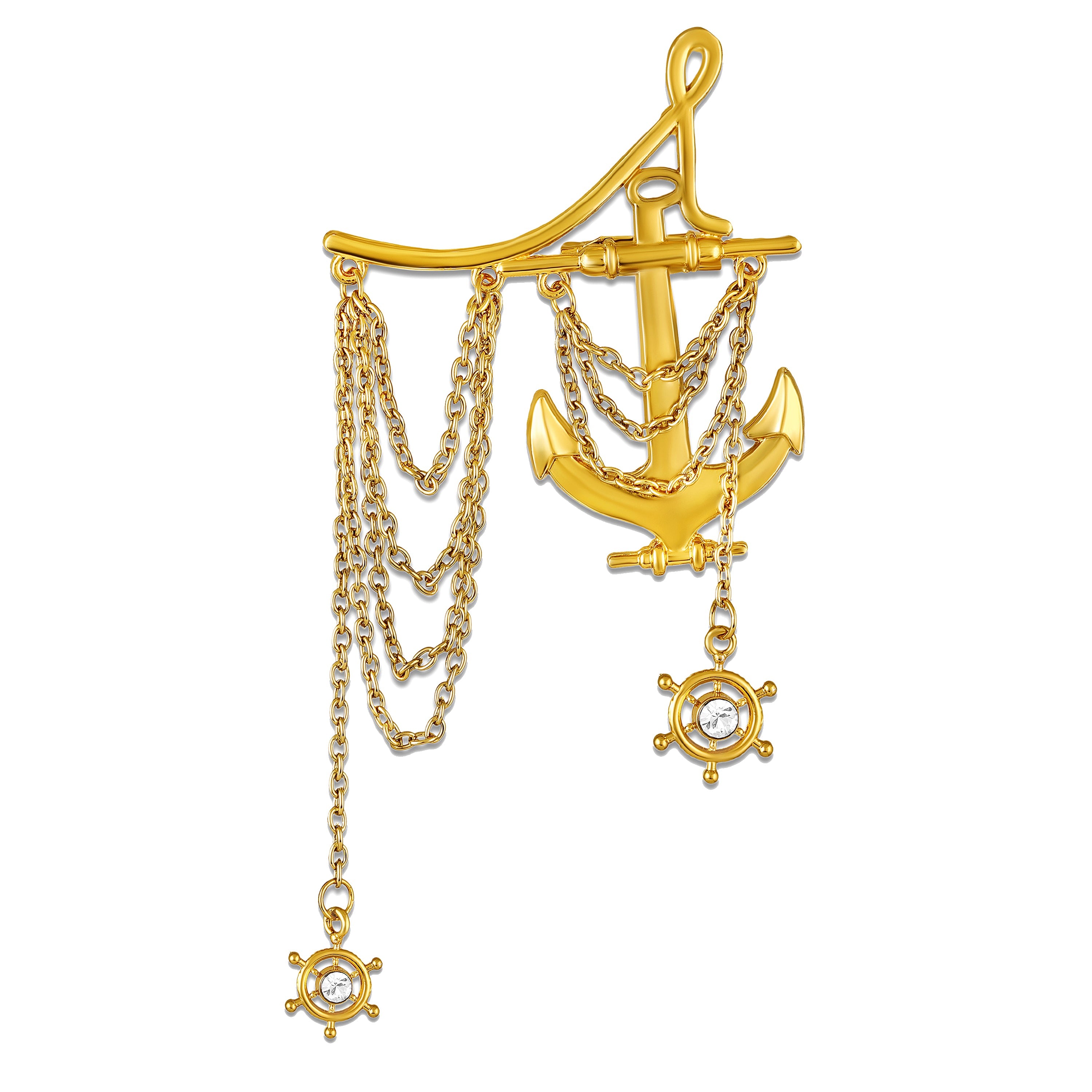 Mahi Nautica Anchor Layered Chain Gold Plated Kurta Sherwani Wedding Brooch for Men with Ship Wheel and Crystal Stones (BP1101252G)