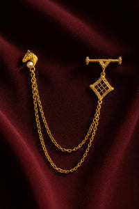 Mahi Gold-Tone Horse-Head-Shaped Dual Layer Chain / Kurta Sherwani Wedding Brooch for Men with Maroon Enamel & Crystal Accent (BP1101253GMar)