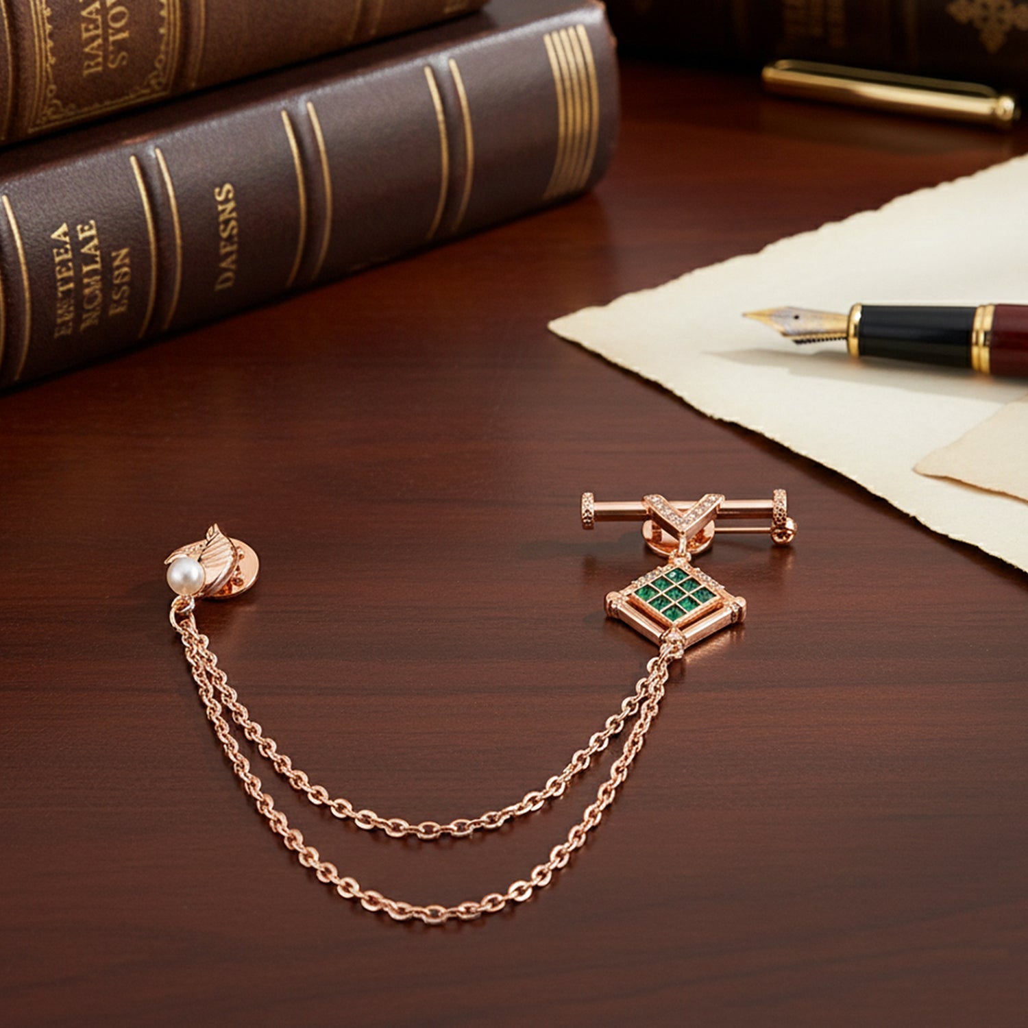 Mahi Rose Gold-Tone Horse-Head-Shaped Dual Layer Chain / Kurta Sherwani Wedding Brooch for Men with Green Enamel & Crystal Accent (BP1101254ZGre)