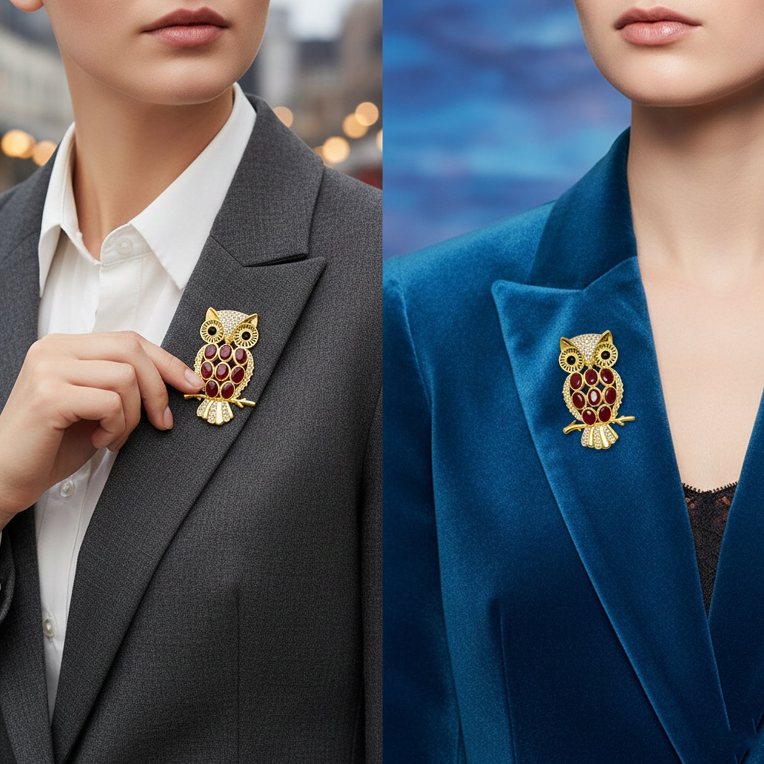 Mahi Gold-Tone Owl-Shaped Lapel Pin / Brooch | Saree Pin / Blazer Pin for Women with Oval Maroon and White Crystal (BP1101260GMar)