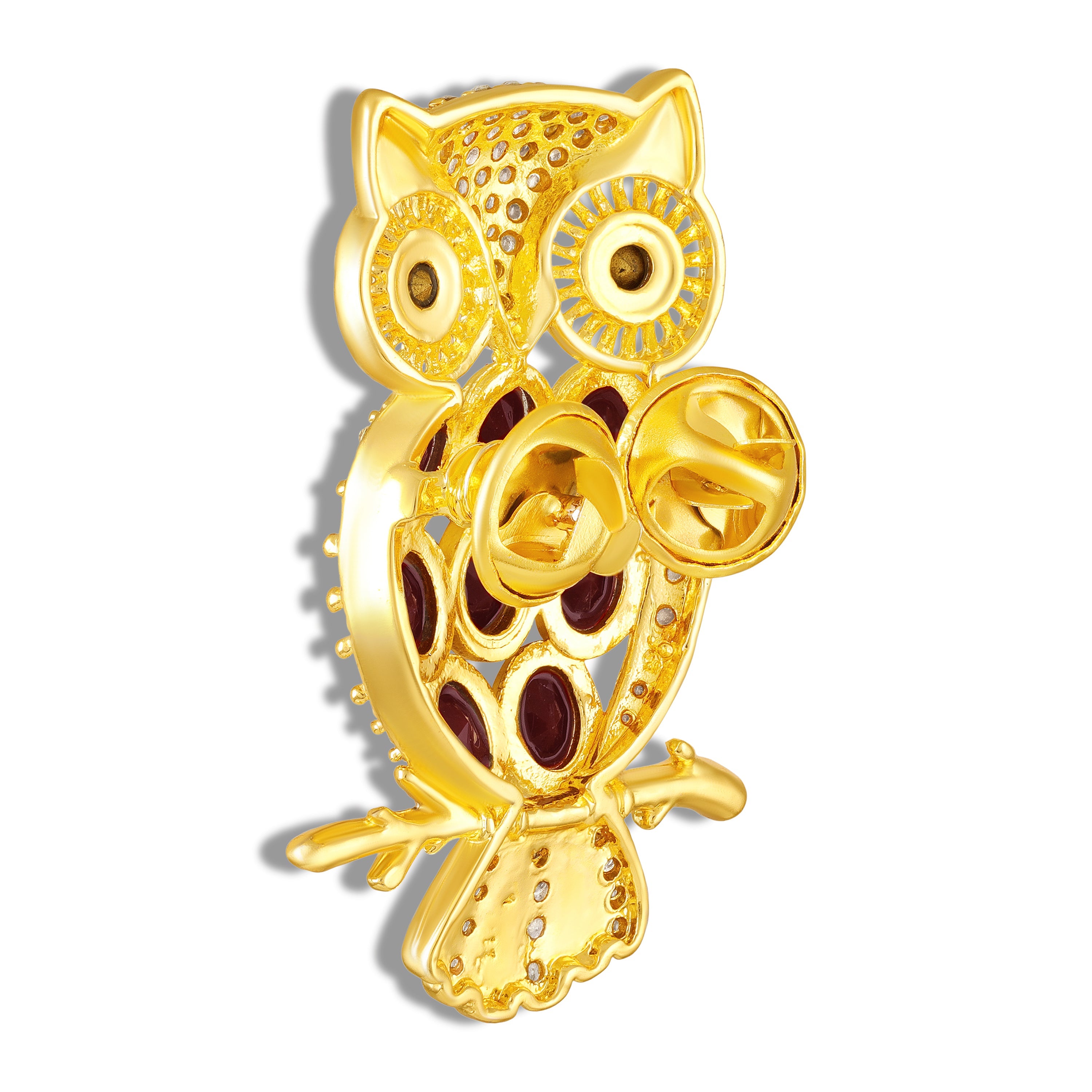 Mahi Gold-Tone Owl-Shaped Lapel Pin / Brooch | Saree Pin / Blazer Pin for Women with Oval Maroon and White Crystal (BP1101260GMar)