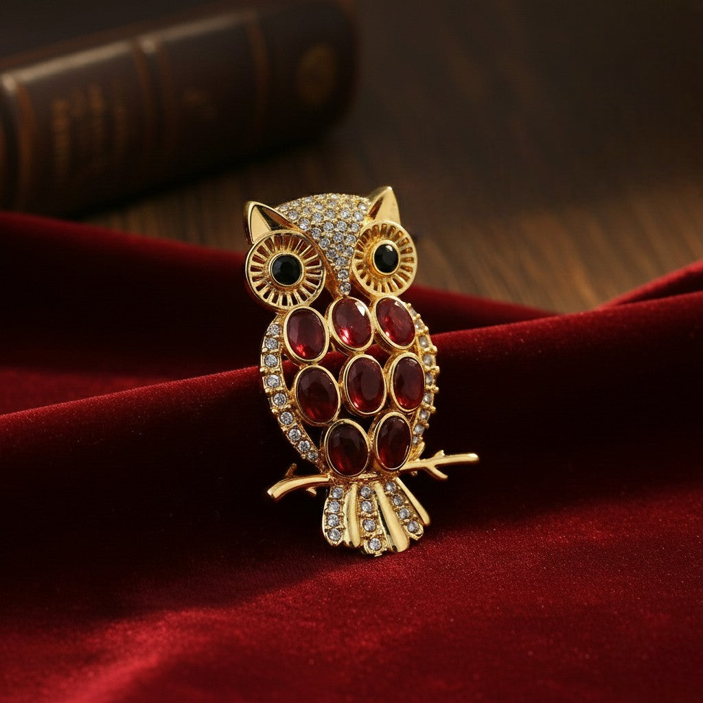 Mahi Gold-Tone Owl-Shaped Lapel Pin / Brooch | Saree Pin / Blazer Pin for Women with Oval Maroon and White Crystal (BP1101260GMar)