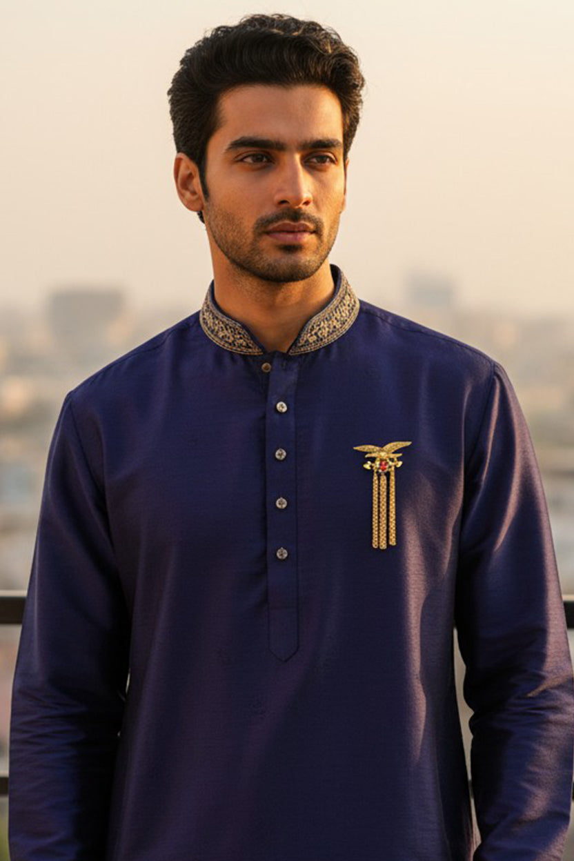 Mahi Regal Eagle-Shaped Gold-Finish Tassel Chain Drop Kurta Sherwani Wedding Brooch for Men with Red Meenakari Enamel (BP1101262G)