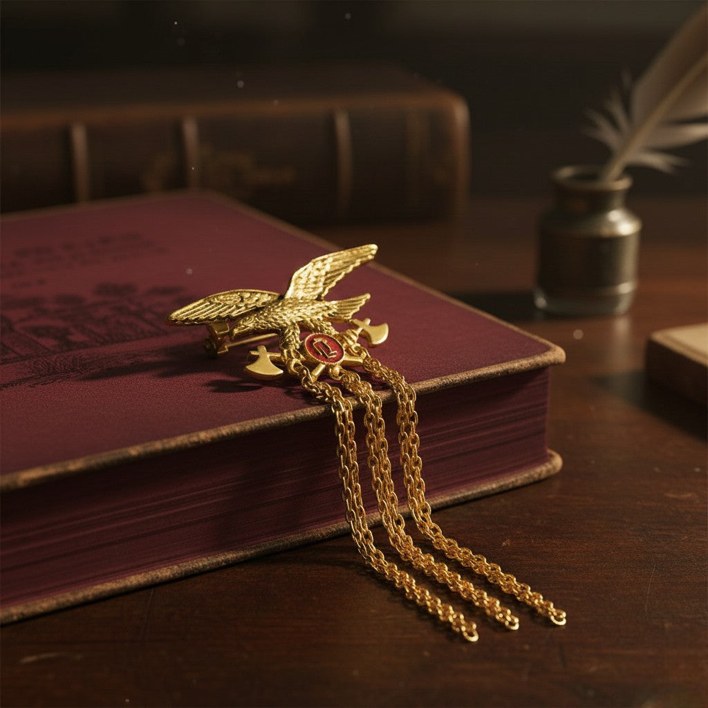 Mahi Regal Eagle-Shaped Gold-Finish Tassel Chain Drop Kurta Sherwani Wedding Brooch for Men with Red Meenakari Enamel (BP1101262G)