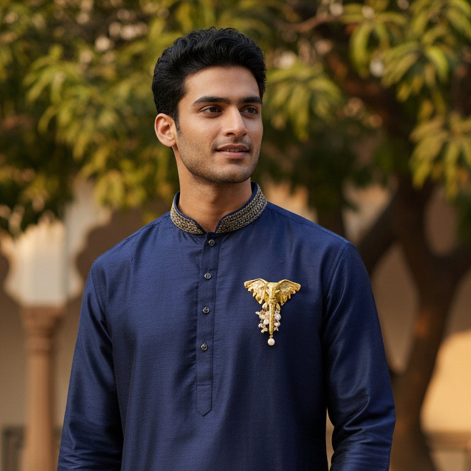 Mahi Gold Toned Elephant-Head -Shaped Pearl Unisex Brooch for Sherwani, Blazer & Saree (BP1101263GWhi)