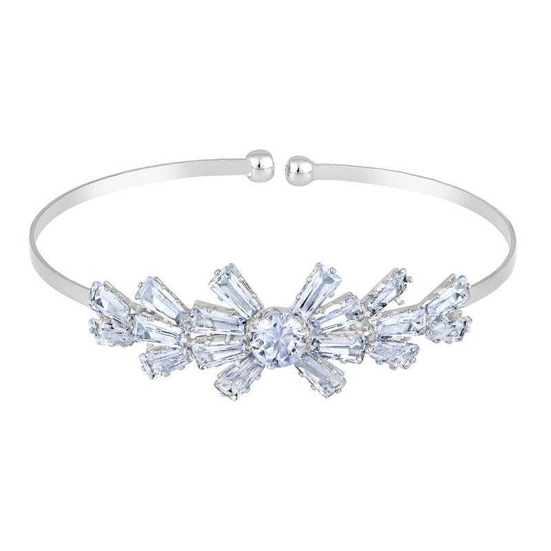 Mahi Rhodium Plated Floral Design White Cubic Zriconia CZ Studded Adjustable Kada / Bracelet for Women (BR1101047RWhi)