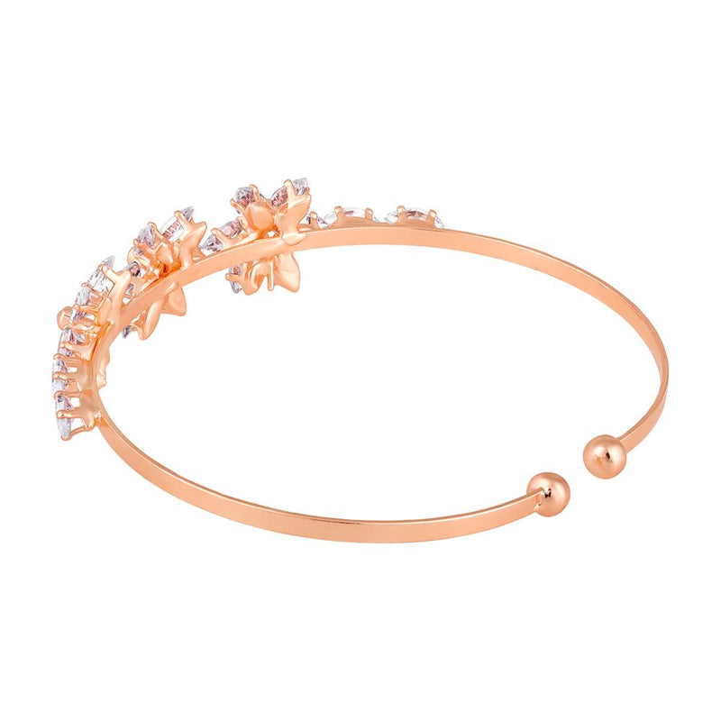 Mahi Rosegold Plated Floral Design White Cubic Zriconia CZ Studded Adjustable Kada / Bracelet for Women (BR1101048ZWhi)