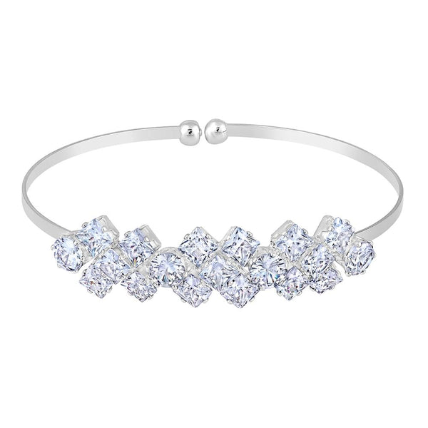 Mahi Rhodium Plated Floral Design White Cubic Zriconia CZ Studded Adjustable Kada / Bracelet for Women (BR1101049RWhi)