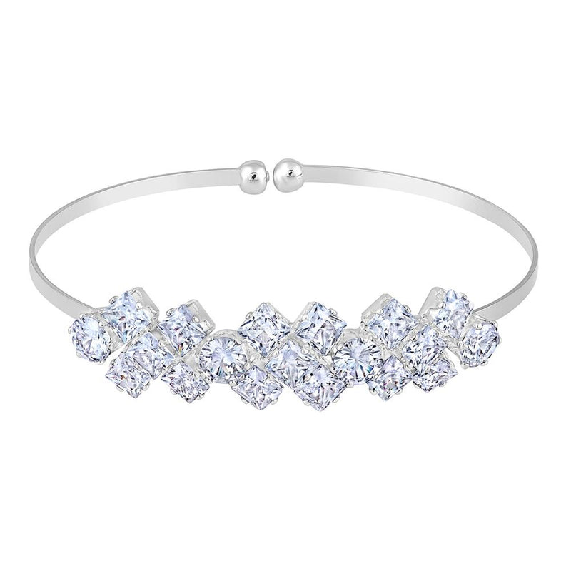 Mahi Rhodium Plated Floral Design White Cubic Zriconia CZ Studded Adjustable Kada / Bracelet for Women (BR1101049RWhi)