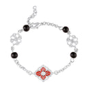 Mahi Crimson Bloom Rhodium-Plated Floral Bracelet with Red Enamel & Black Beads (BR1101093RRedBla)