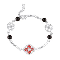Mahi Crimson Bloom Rhodium-Plated Floral Bracelet with Red Enamel & Black Beads (BR1101093RRedBla)