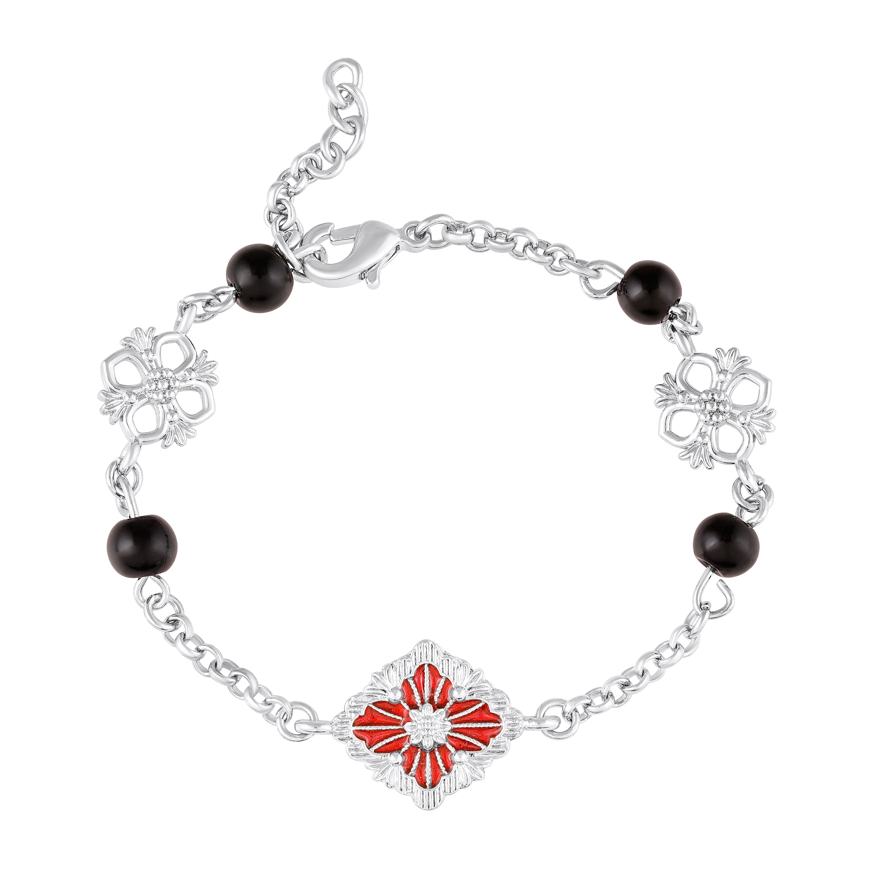 Mahi Crimson Bloom Rhodium-Plated Floral Bracelet with Red Enamel & Black Beads (BR1101093RRedBla)