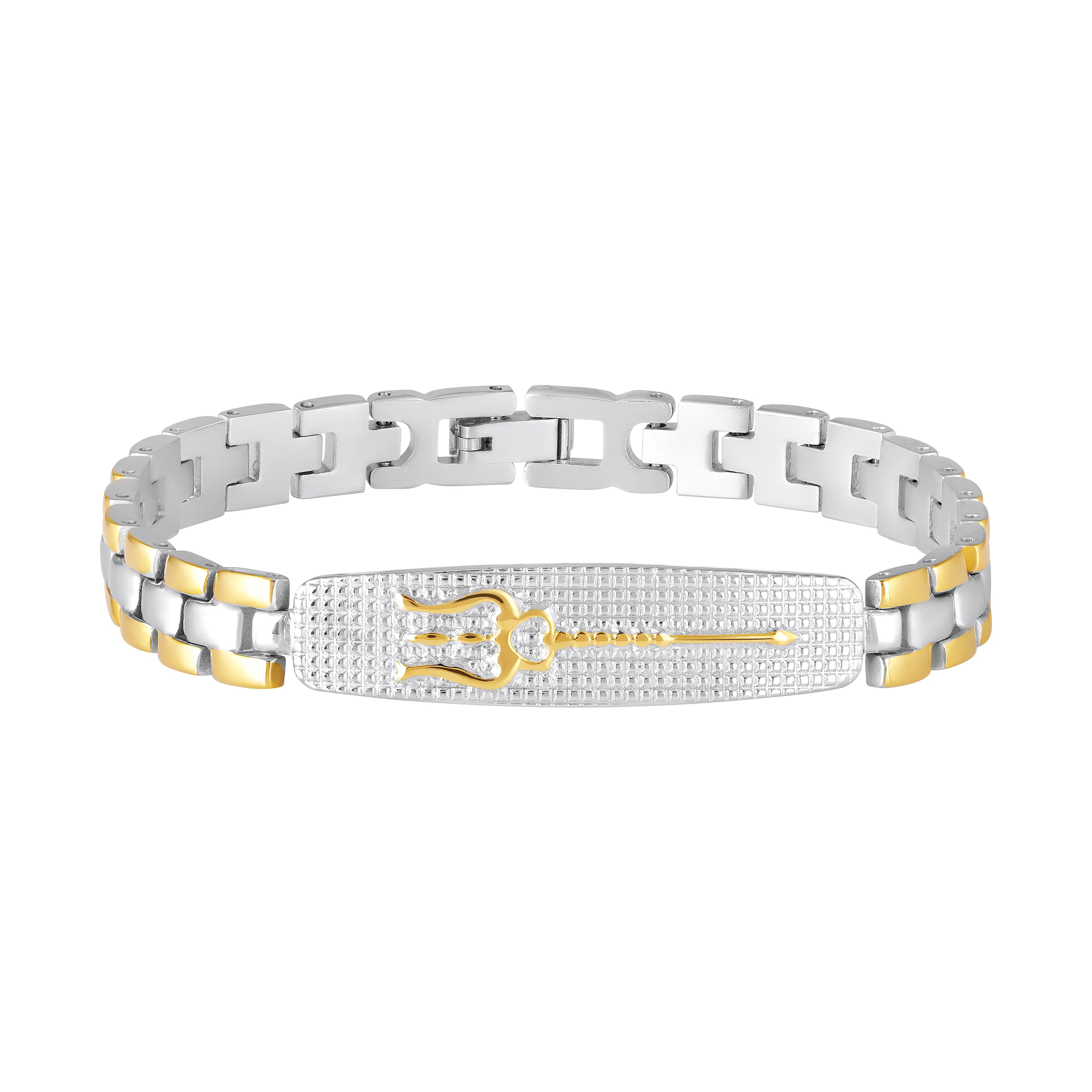 Mahi Men’s Dual Tone Designer Bracelet Premium Trishul Textured Chain Link Kada Style Bracelet for Men (BR1101097M)