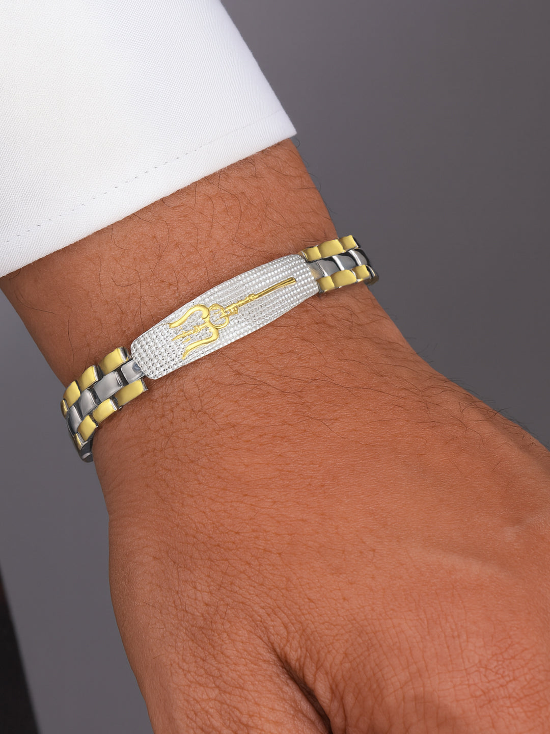 Mahi Men’s Dual Tone Designer Bracelet Premium Trishul Textured Chain Link Kada Style Bracelet for Men (BR1101097M)