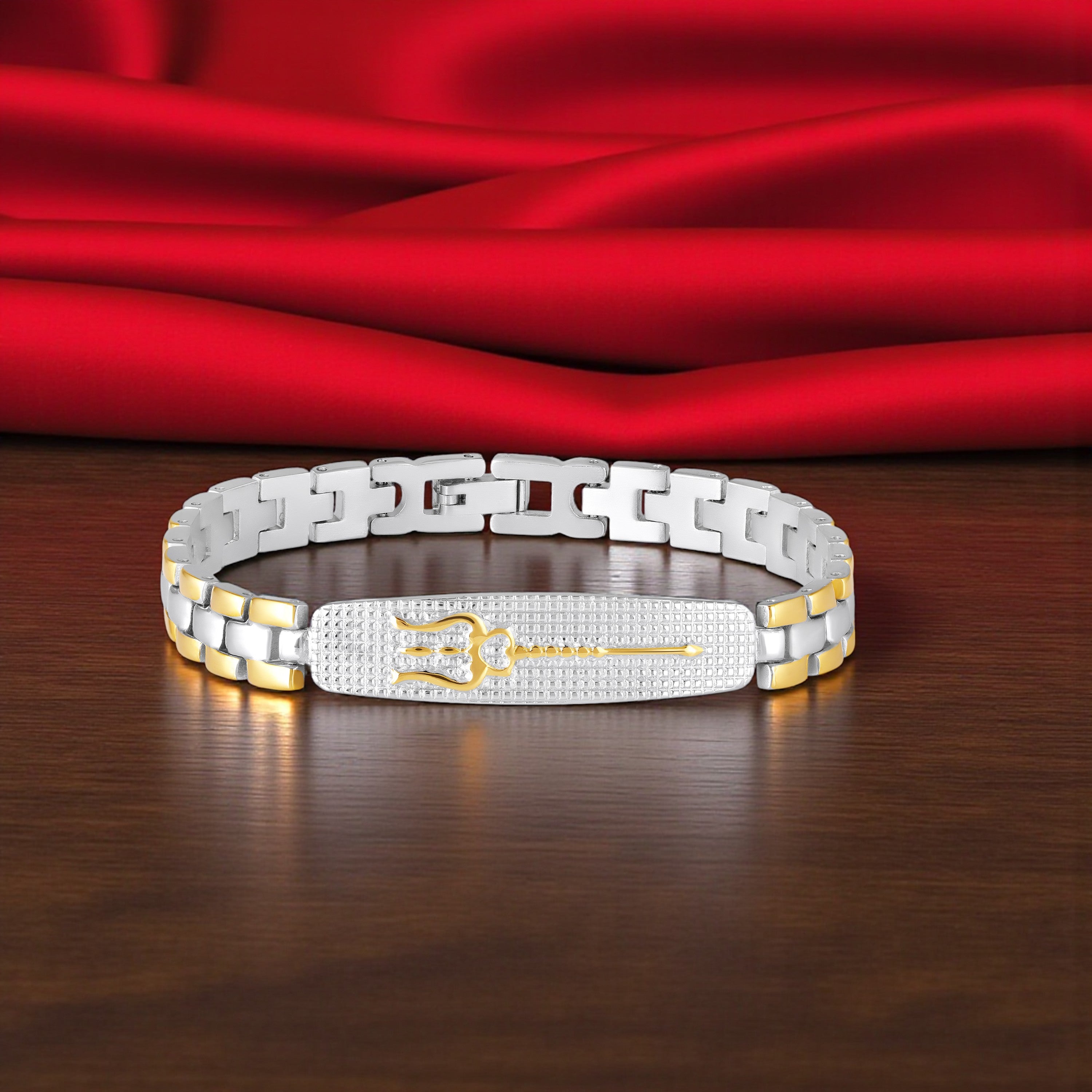 Mahi Men’s Dual Tone Designer Bracelet Premium Trishul Textured Chain Link Kada Style Bracelet for Men (BR1101097M)