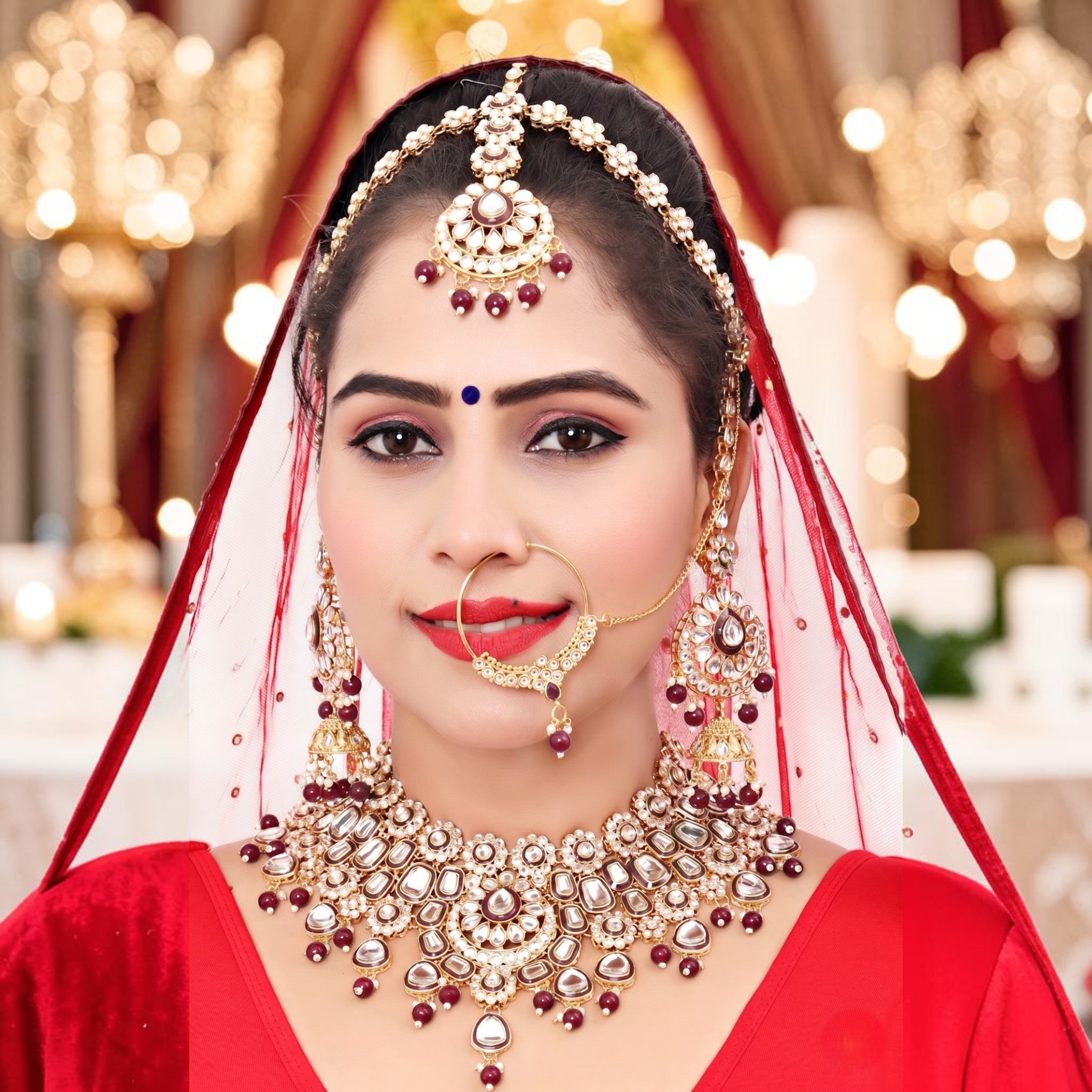 Knigght Angel Gold Plated Royal Kundan Stone And Beads Semi Bridal Necklace Set