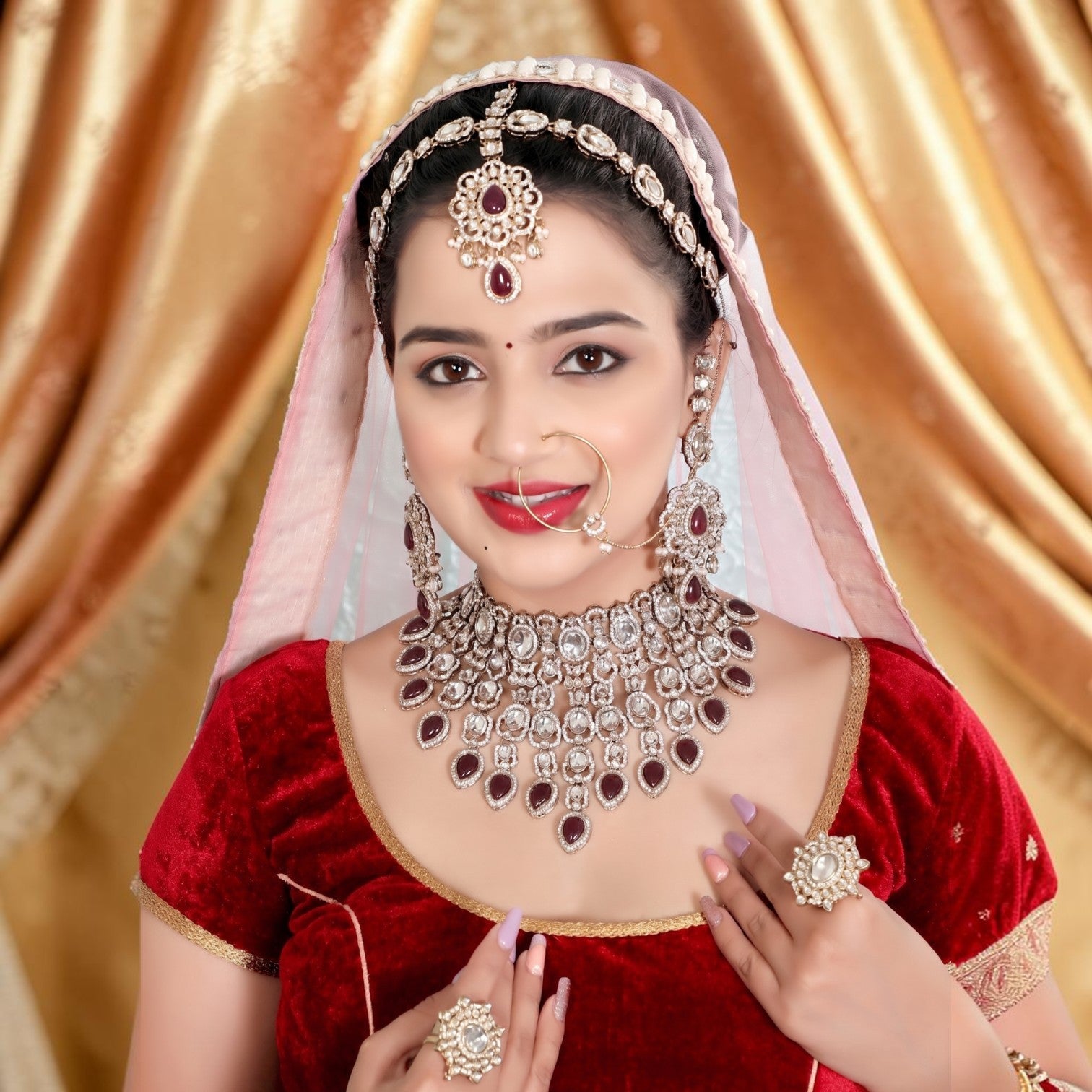 Knigght Angel Gold Plated Royal Kundan Stone And Beads Semi Bridal Necklace Set