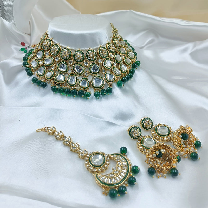 Gehana Mahal Gold Plated Kundan Stone And Beads Meenakari Necklace Set