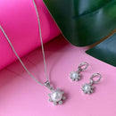 Etnico Silver Plated CZ American Diamond Chain Pendent Necklace With Earrings Jewellery Set for Women