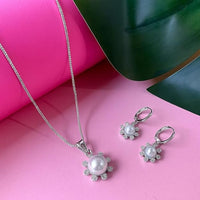 Etnico Silver Plated CZ American Diamond Chain Pendent Necklace With Earrings Jewellery Set for Women