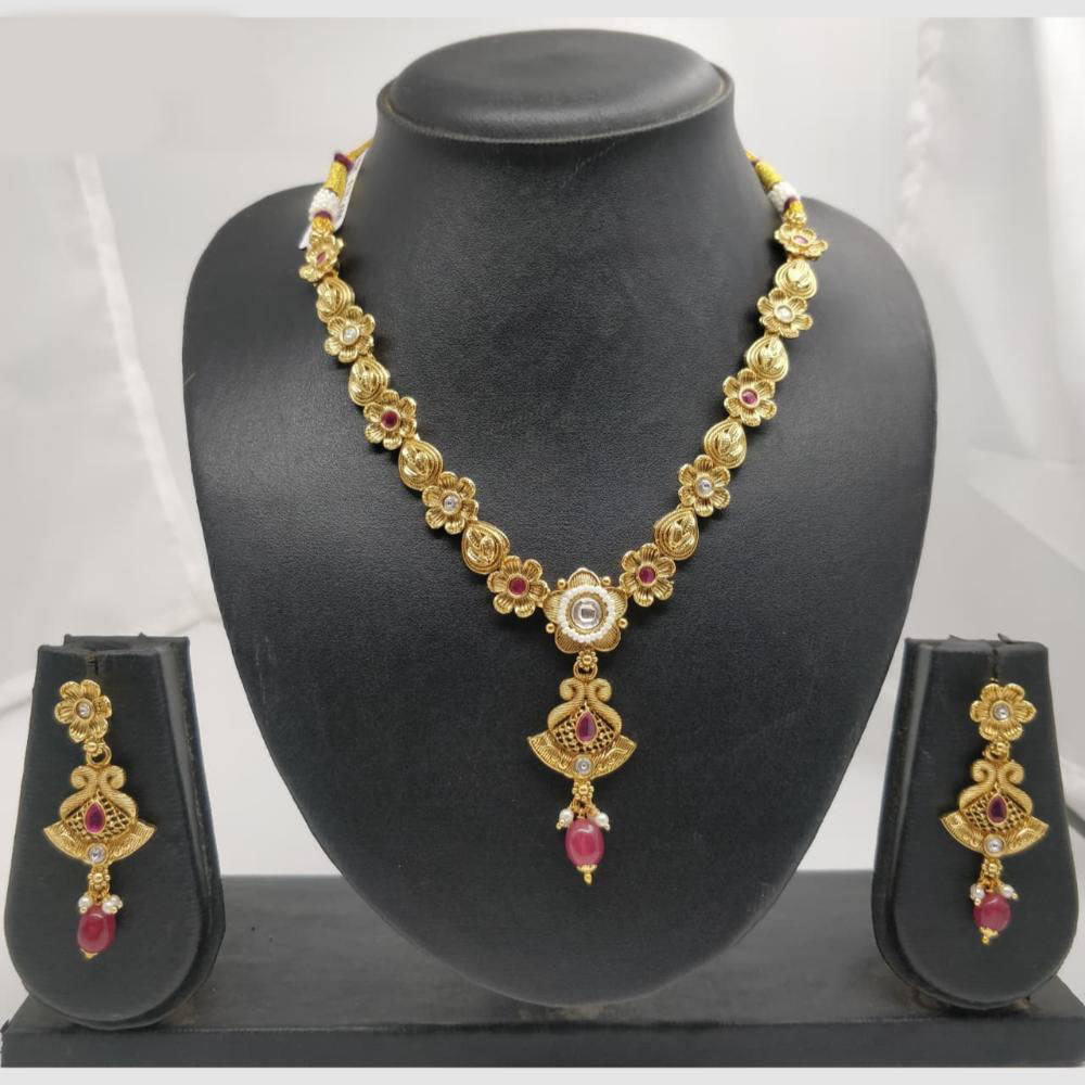 Chiccharm Jewellery Pota Stone And Pearl Brass And Copper Rajwadi Necklace Set