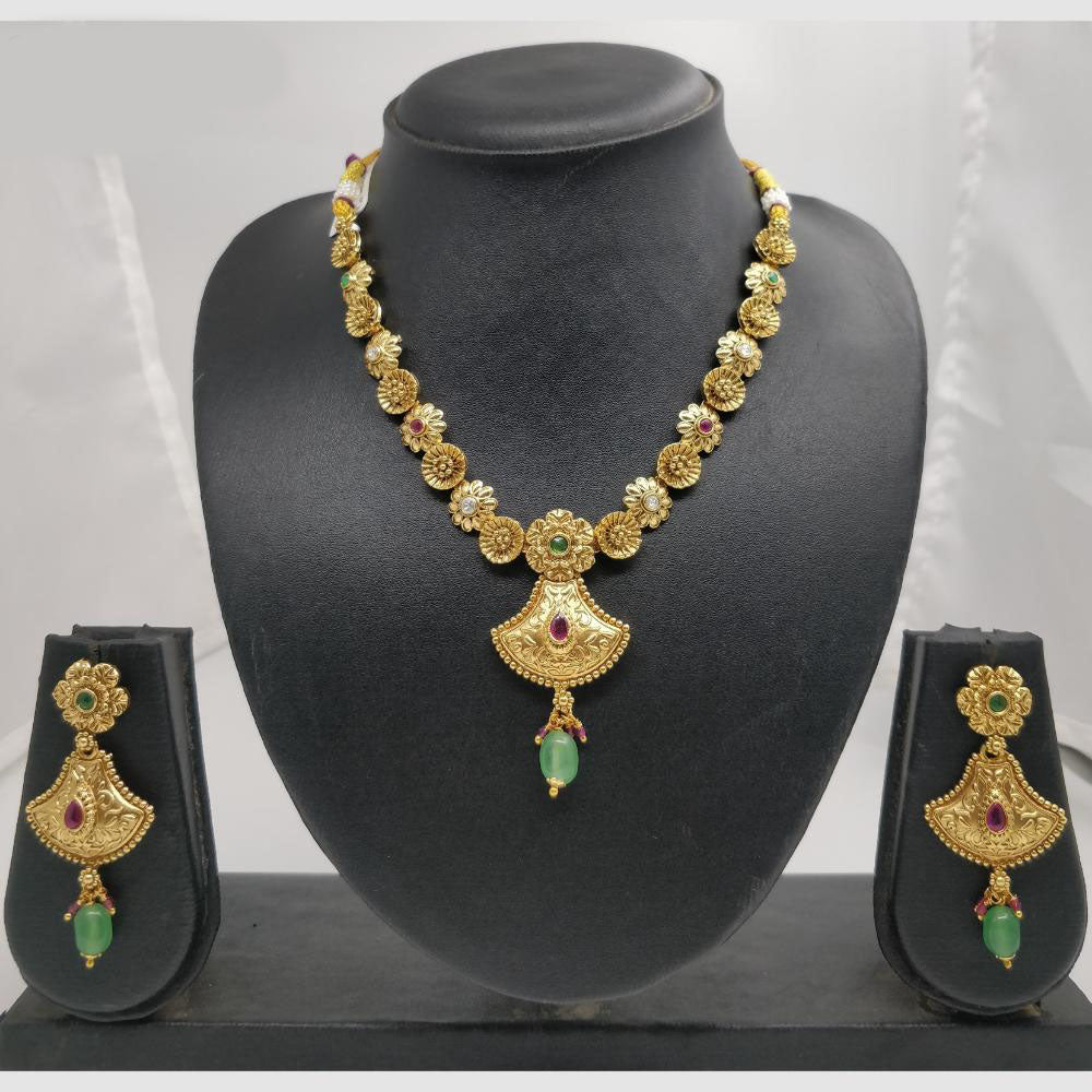 Chiccharm Jewellery Pota Stone And Pearl Brass And Copper Rajwadi Necklace Set