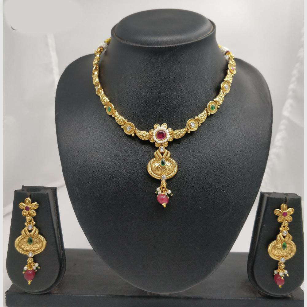 Chiccharm Jewellery Pota Stone And Pearl Brass And Copper Rajwadi Necklace Set
