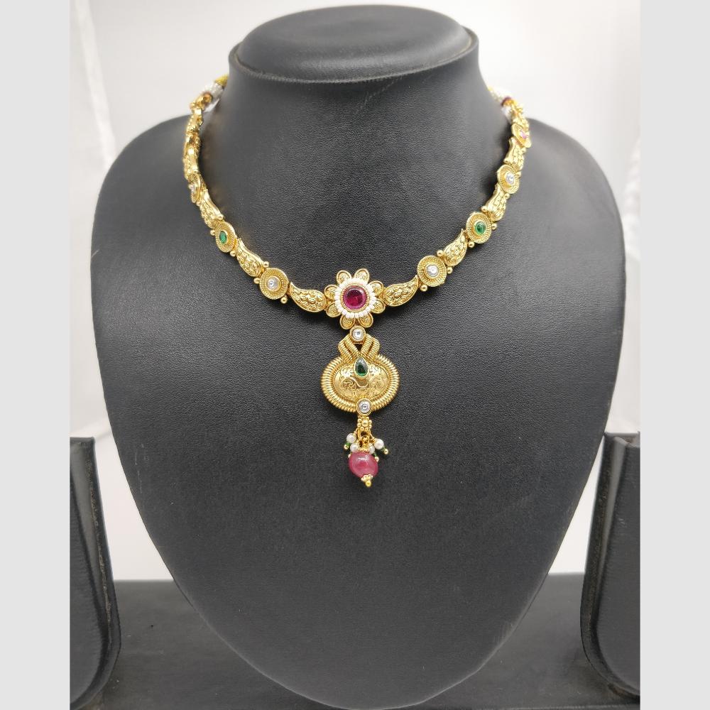 Chiccharm Jewellery Pota Stone And Pearl Brass And Copper Rajwadi Necklace Set