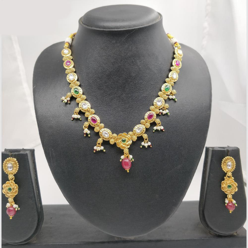 Chiccharm Jewellery Pota Stone And Pearl Brass And Copper Rajwadi Necklace Set