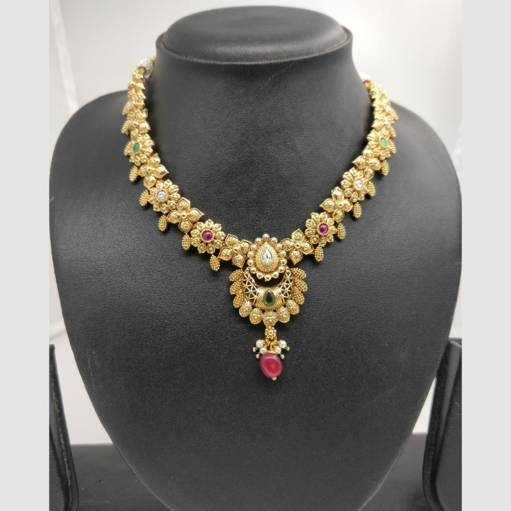 Chiccharm Jewellery Pota Stone And Pearl Brass And Copper Rajwadi Necklace Set