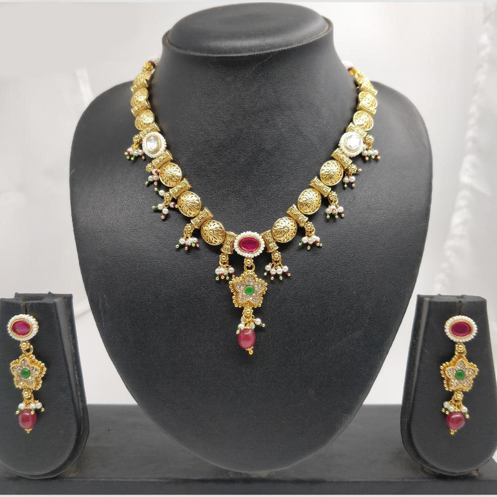 Chiccharm Jewellery Pota Stone And Pearl Brass And Copper Rajwadi Necklace Set