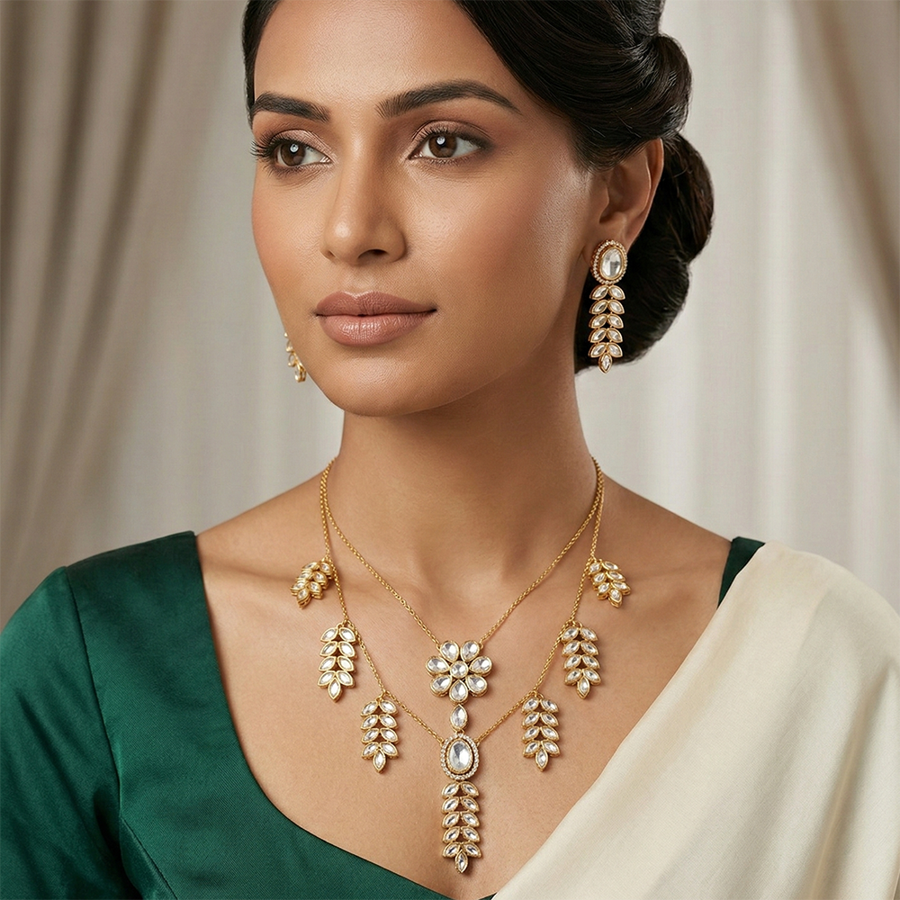 Chiccharm Jewellery Premium Polki Kundan Necklace with Earrings Set