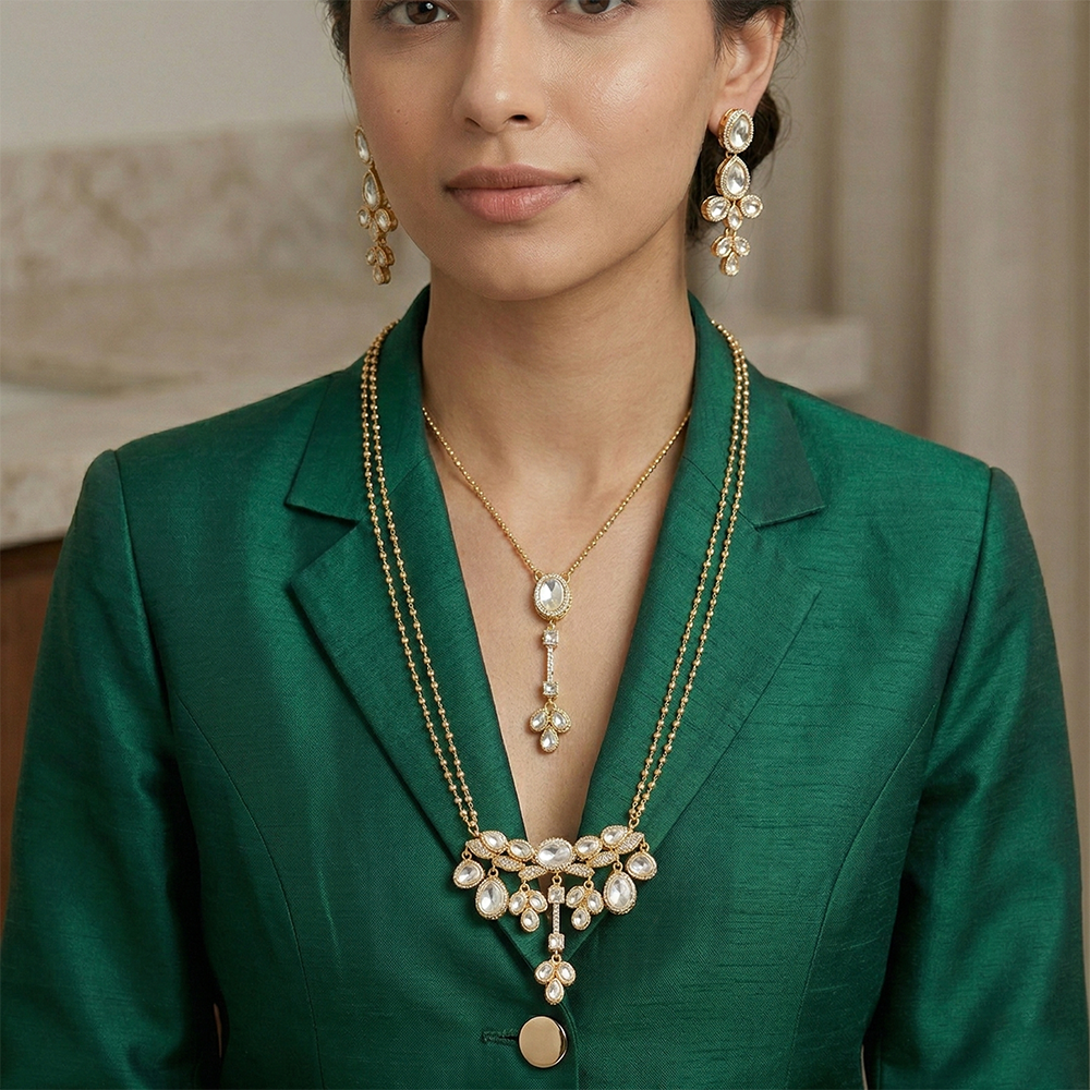 Chiccharm Jewellery Premium Polki Kundan Necklace with Earrings Set