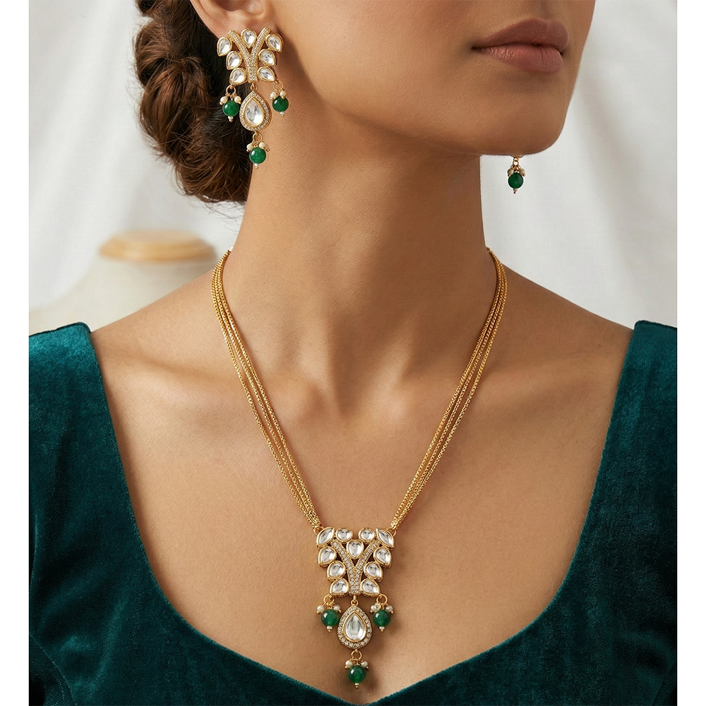 Chiccharm Jewellery Premium Polki Kundan And Beads Necklace with Earrings Set
