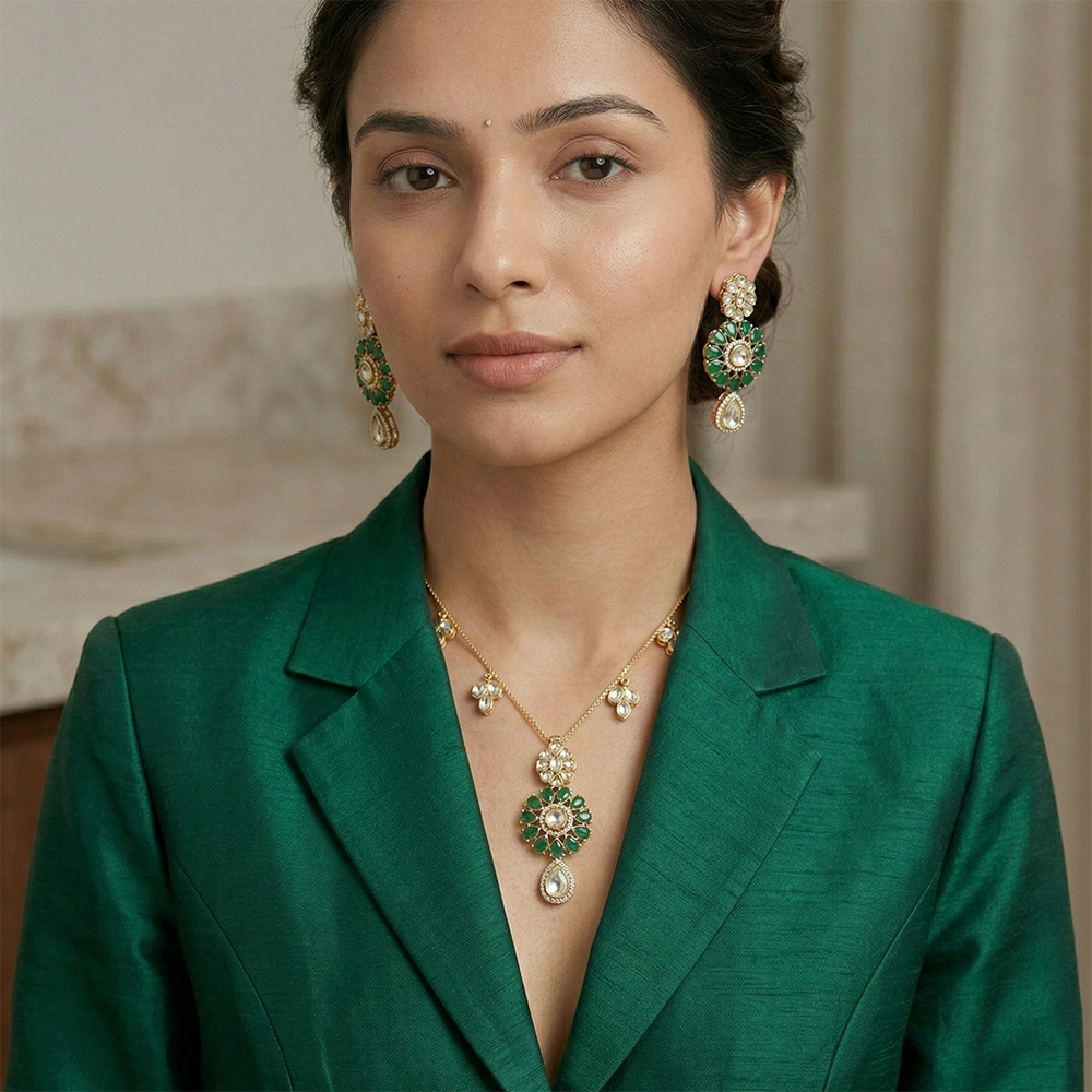Chiccharm Jewellery Premium Polki Kundan Necklace with Earrings Set