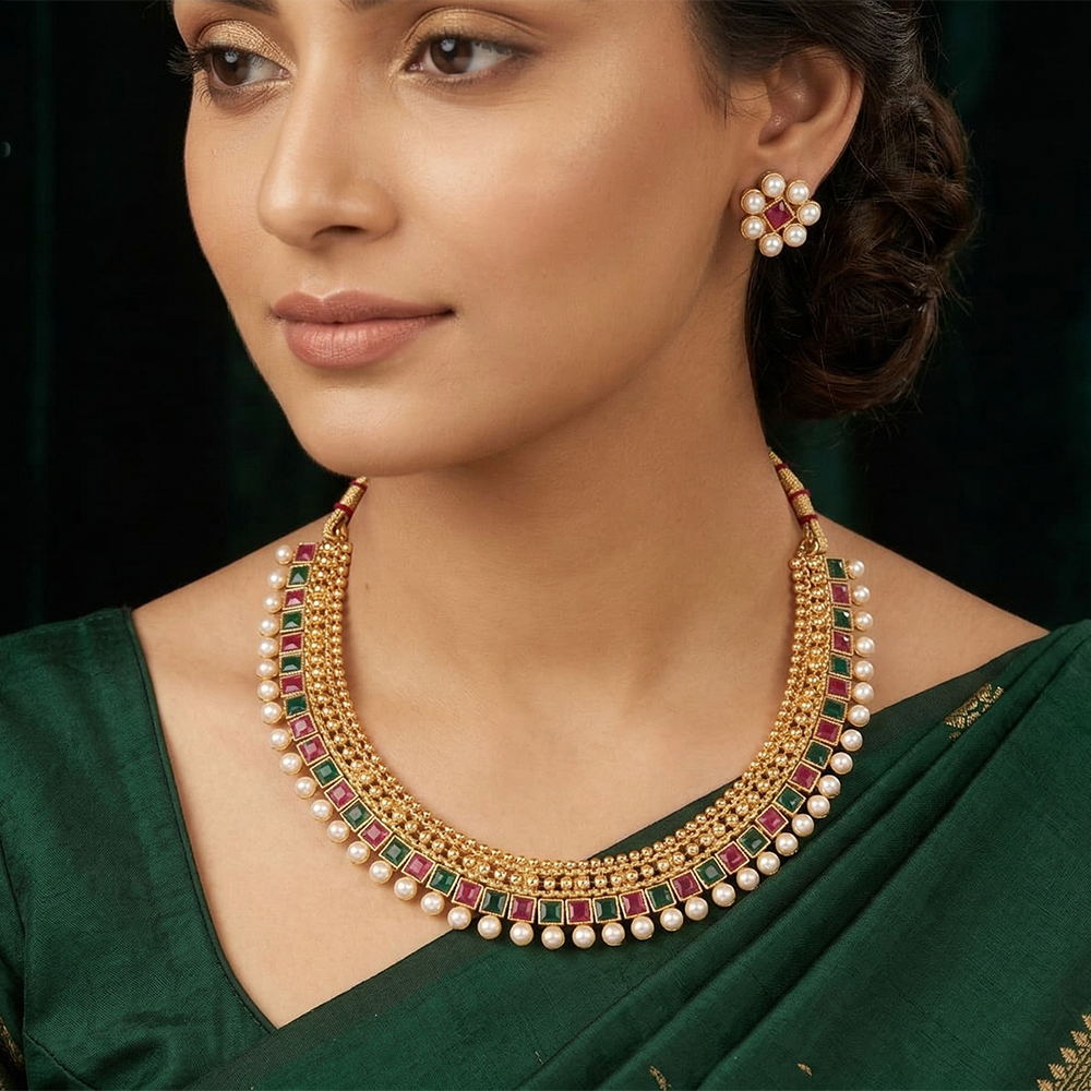 Chiccharm Jewellery Pota Stone And Pearl Brass And Copper Rajwadi Necklace Set