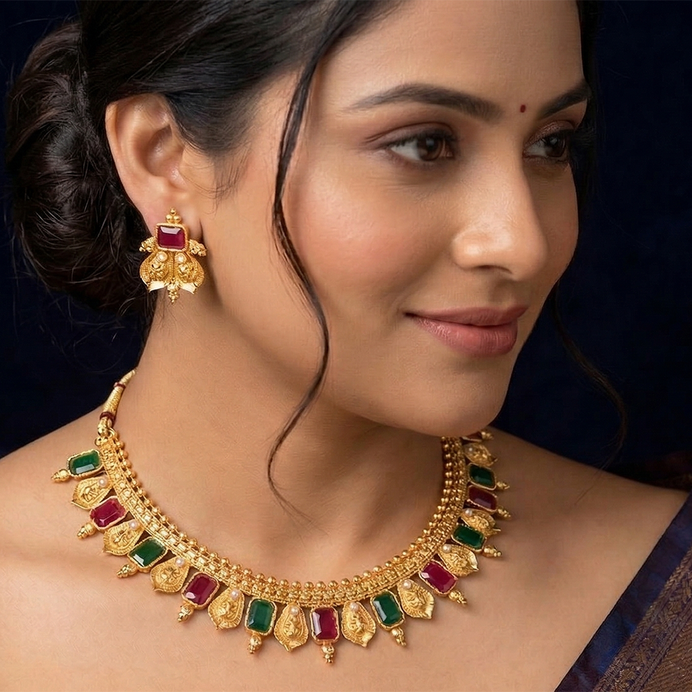 Chiccharm Jewellery Pota Stone And Pearl Brass And Copper Rajwadi Necklace Set