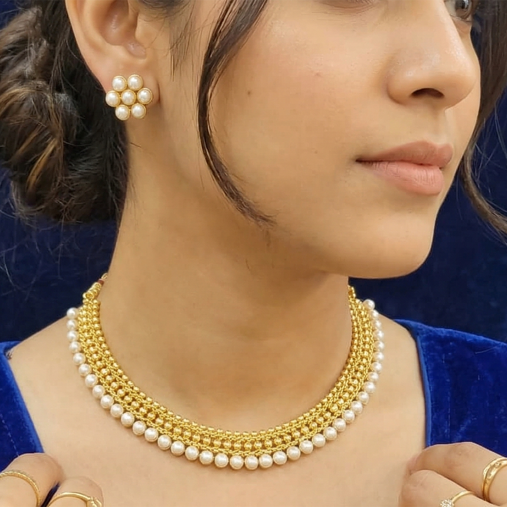 Chiccharm Jewellery Pearl Brass And Copper Rajwadi Necklace Set