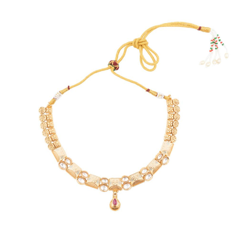 ChicCharm Jewellery Brass And Copper Gold Plated Uncut Polki Micro Rajwadi Necklace Set