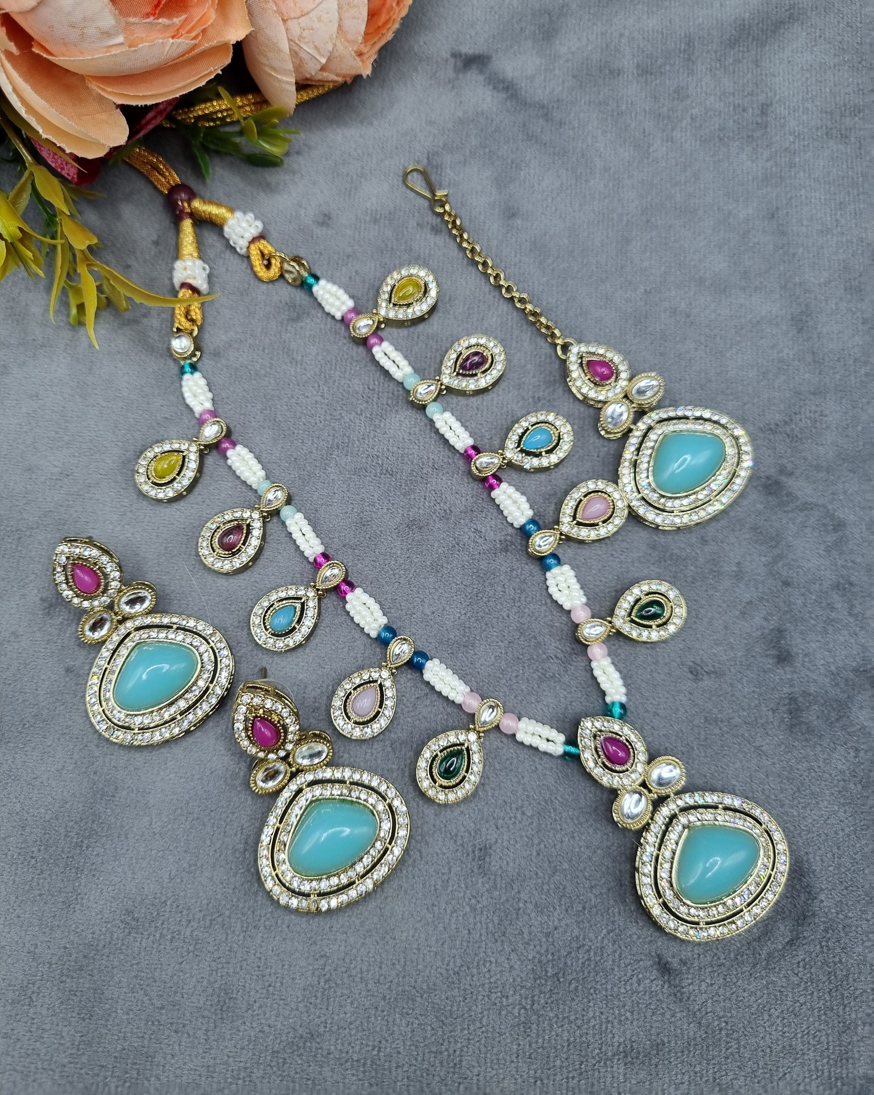 LAFZ  Elegant Teardrop Stone & Pearl Beaded Jewelry Set with Earrings & Maang Tikka - CK1692