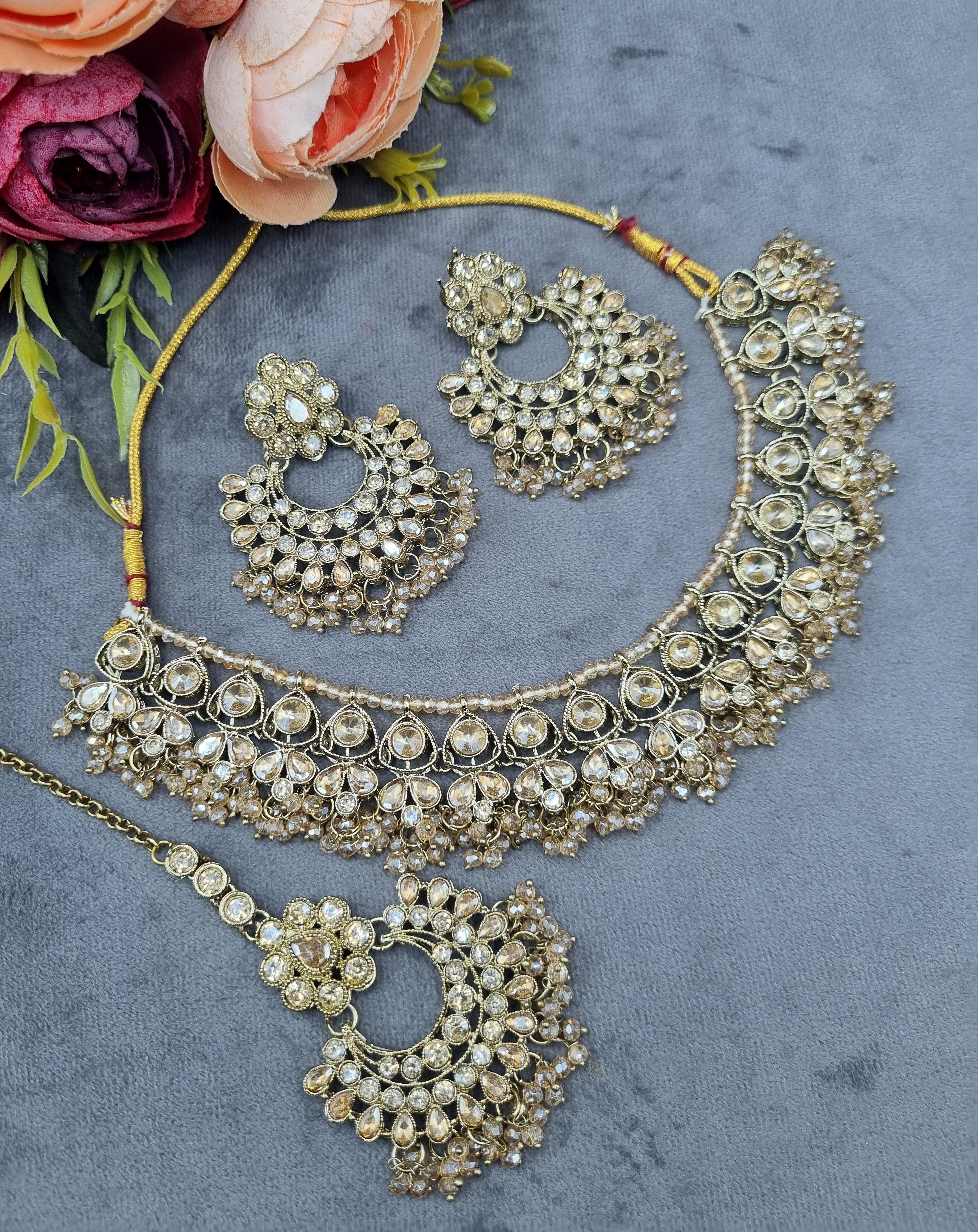 LAFZ  Antique Gold Finish Crystal Necklace Set with Earrings & Maang Tikka - CK1698MINT-