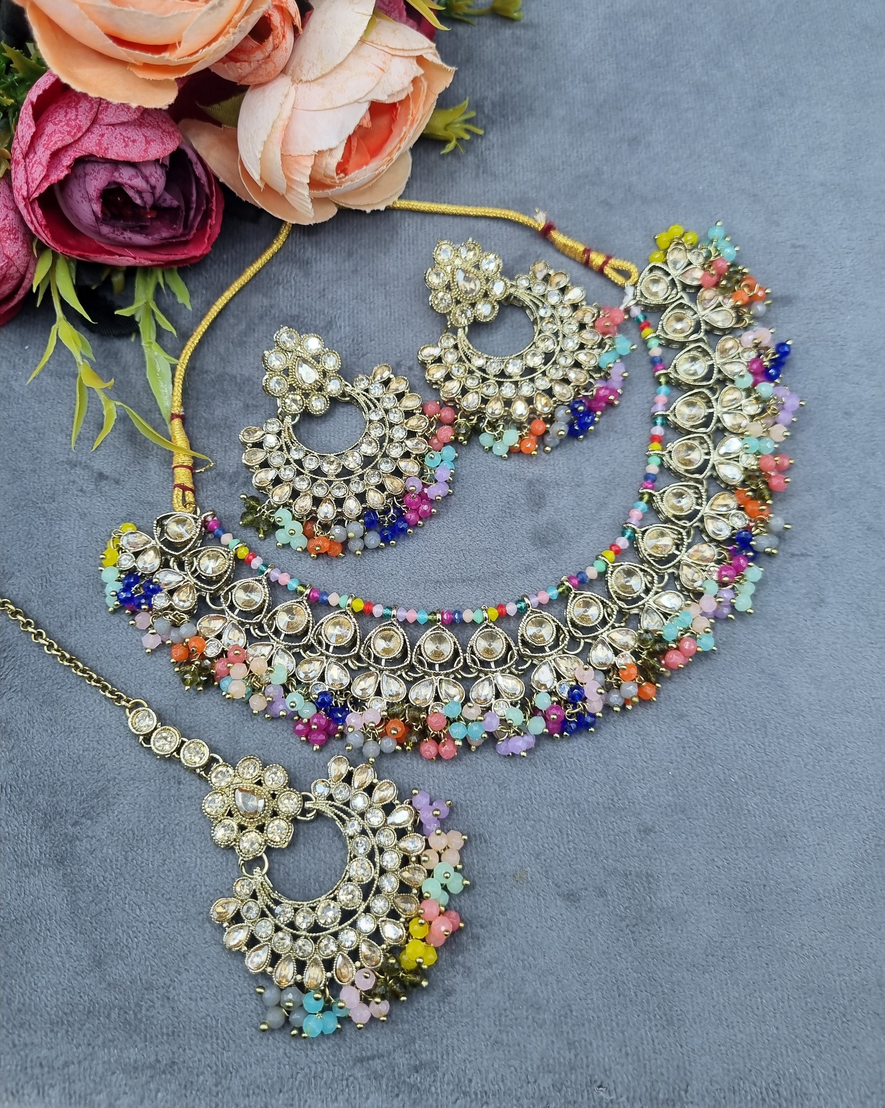 LAFZ  Antique Gold Finish Crystal Necklace Set with Earrings & Maang Tikka - CK1698MINT-