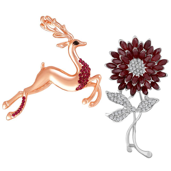 Mahi Combo of Brown and white Crystals with Gold and Rhodium Plating Floral, Deer-Shaped Wedding Brooch for Women (CO1105636M)