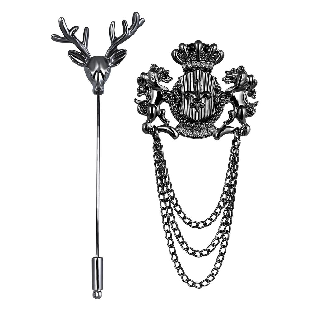 Mahi Combo of Deer-Face Shaped Lapel Pin and Layered Chain with Dual Unicorn-Shaped Brooch for Men (CO1105657B)