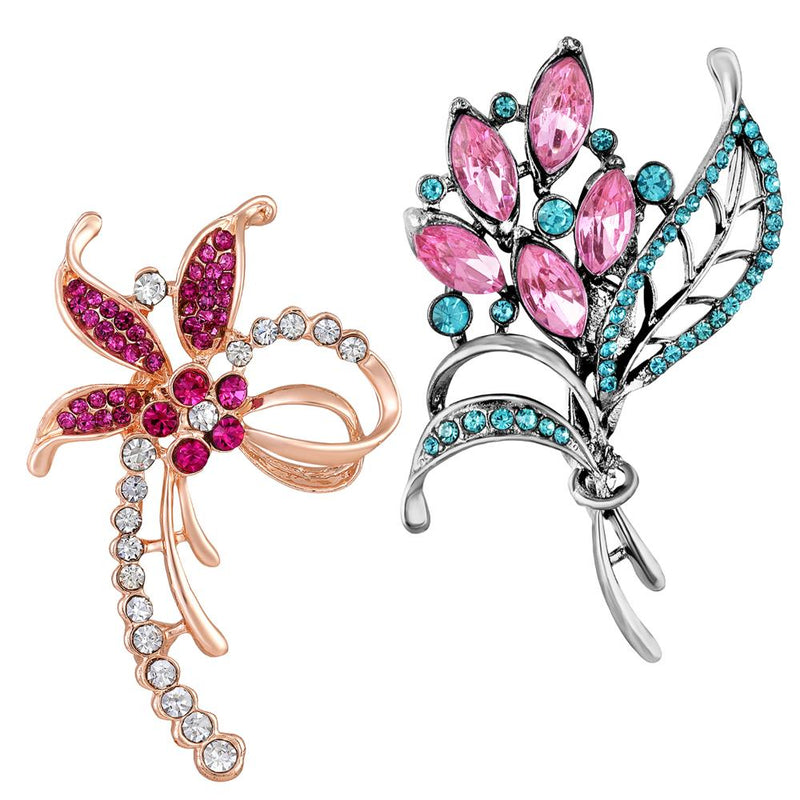 Mahi Combo of 2 Flower Shaped Crystal Studded Wedding Brooches / Lapel Pin for Women (CO1105747M)